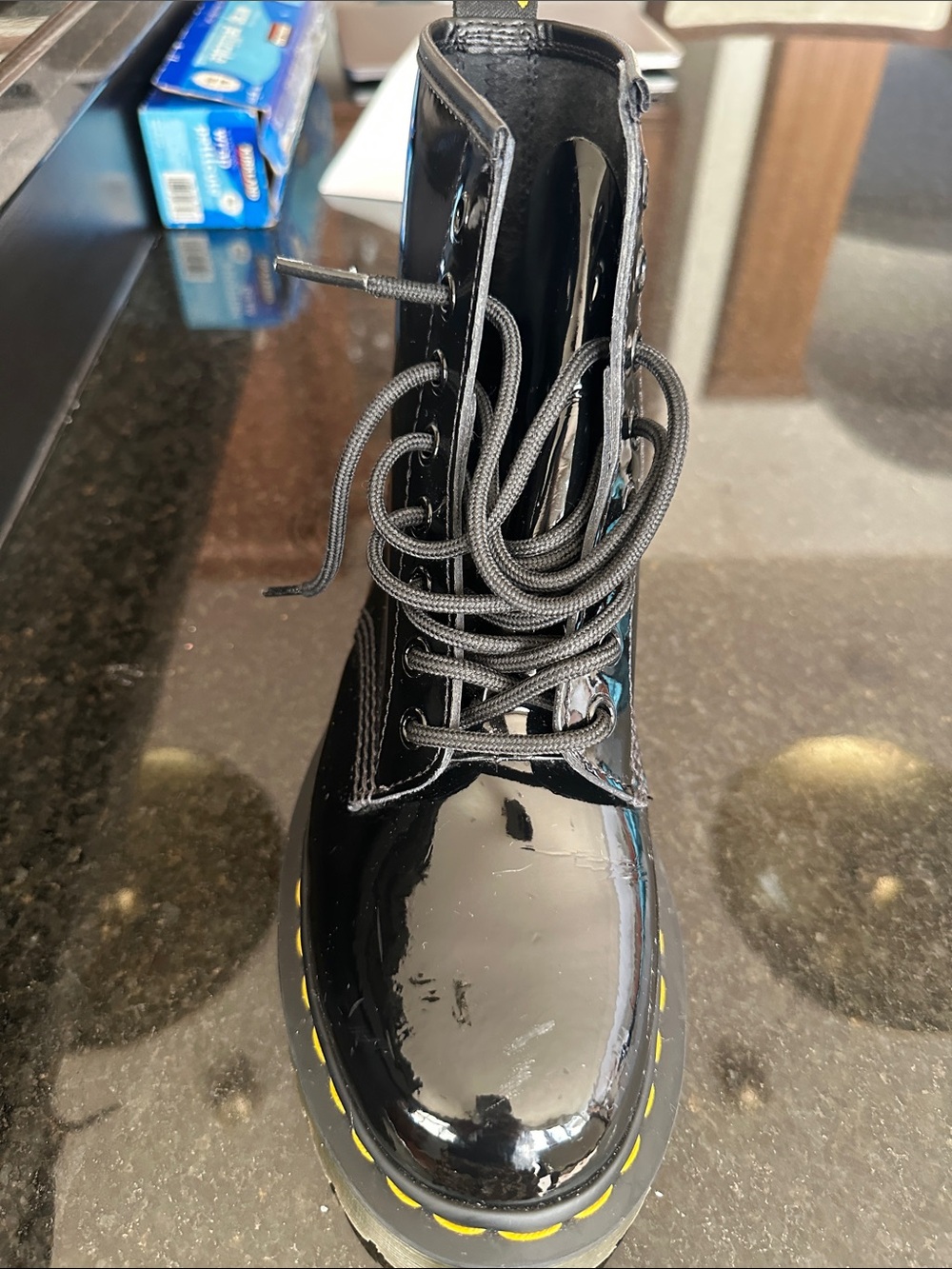 Dr. Martens Black Patent Lace-Up Boot with Yellow Stitching